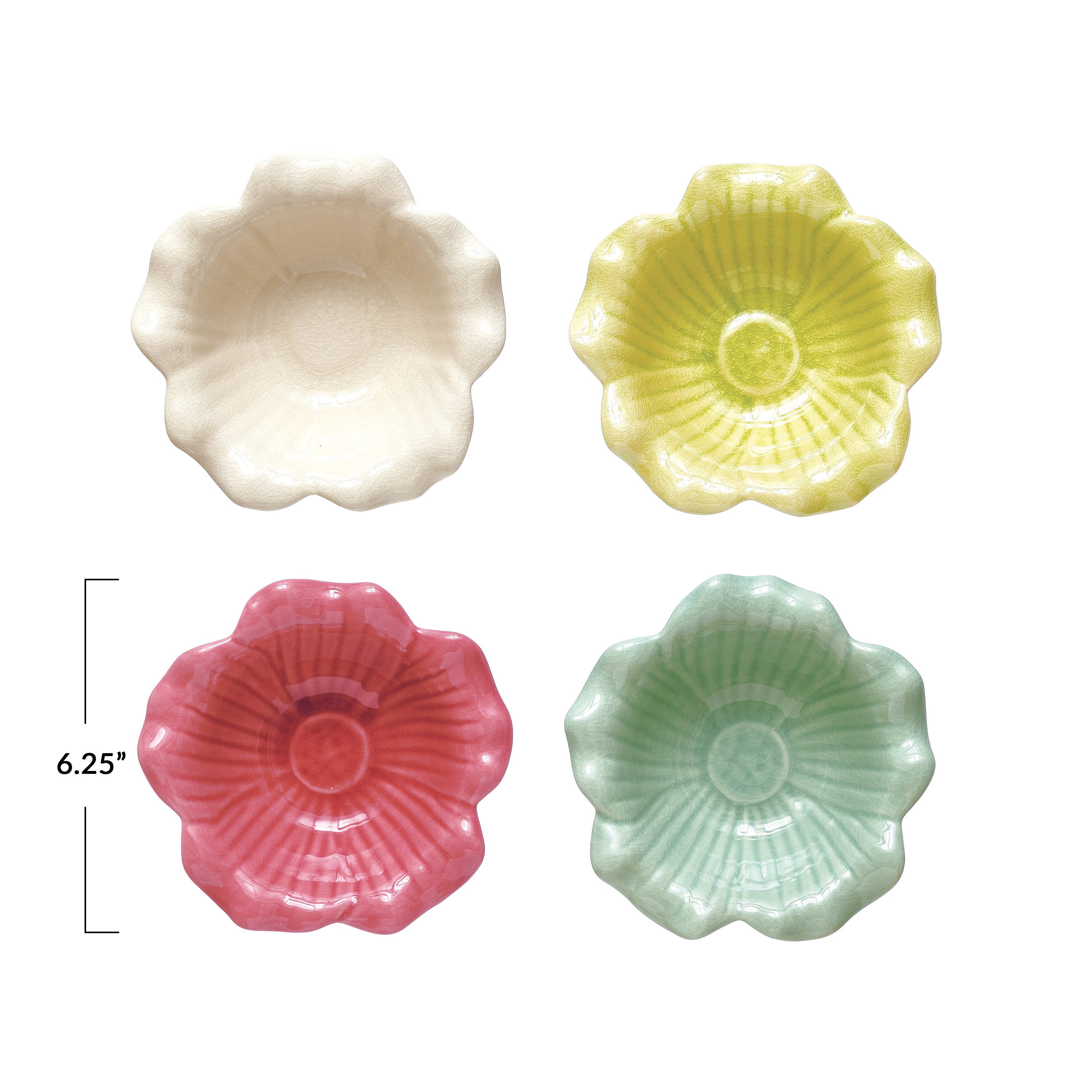 Debossed Stoneware Flower Bowl, Crackle Glaze (Set of 4)